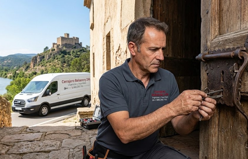 Cerrajero reparando cerradura antigua en masía de Balsareny